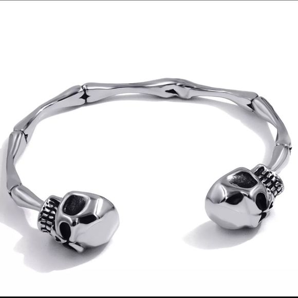 Handcrafted 925 Sterling Silver Skull Skeleton Gothic Punk  Stainless Steel Skull Skeleton Bones Silver Cuff Bracelet Biker Jewelry